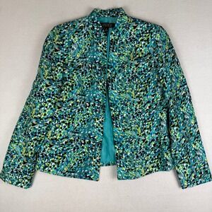 Kasper Vintage Womens Teal Multi Abstract Print Open Front Blazer Jacket Size 10